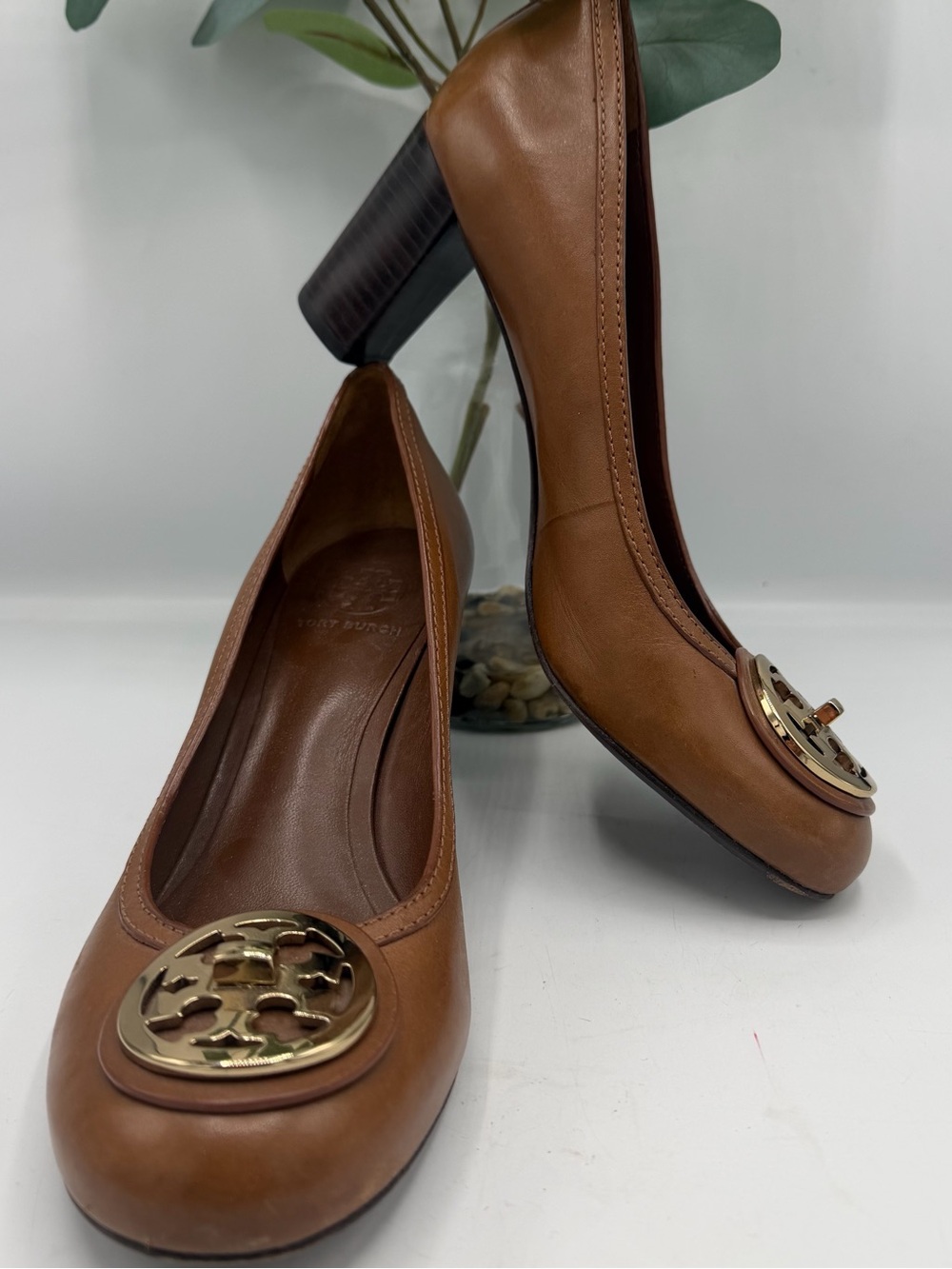 Tory Burch Cognac Leather Block Heel Pumps with Gold Logo